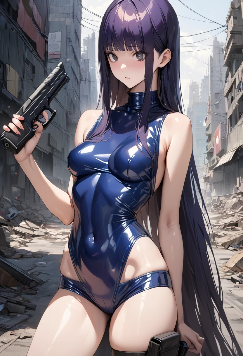 ((masterpiece,best quality anime,Highest quality:1.3)),realistic,cowboy shot,1woman,独奏,(30 year old beauty),((very small head:1.4)),((very long body:1.4)),(dark blue hair),straight long hair,(gorgeous big eyes),black eyes,Serious expression,((slender body:1.4,skinny)),(dark blue turtleneck sleeveles,navel、Navy blue latex shorts),Leg holster medium breasts,,oily skin:1.2,gleaming skin,shiny skin, (holding handgun),standing,on road,Ruined city、Collapsed Buildings、Cyberpunk World、