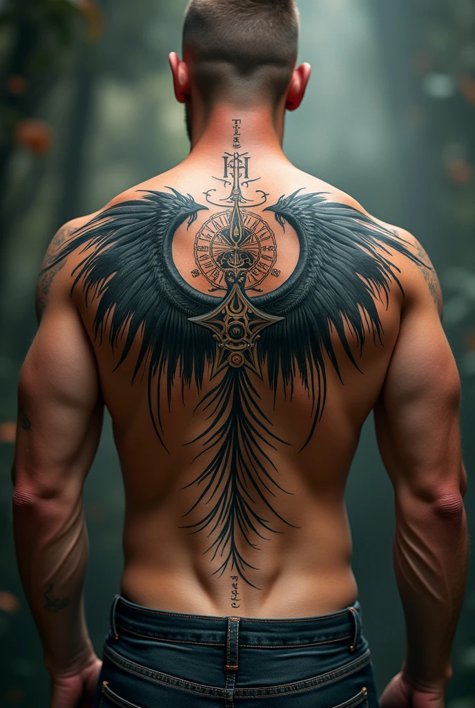 Six-Wing tatoo with time, rune words for man

