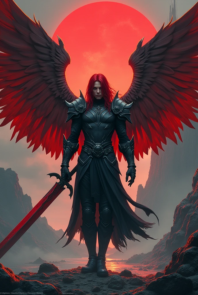 A female fallen angel with huge black wings stained with crimson fights through an apocalyptic city in flames with the flames of war.. ojos rojos brillantes, Wield demonic powers and a sword forged in hell against the righteous light of holy warriors.. Gloomy feathers fall as their huge dark wings spread amid raging infernos and crumbling buildings... La armadura de obsidiana negra y rojo sangre refleja los incendios que arrasan los cielos llenos de humo. Determined to defeat the last heavenly defenders, This renegade angel unleashes anger on the streets covered with rubble, Su paso marcado por plumas negras a la deriva y magia deformada que causa estragos. A ruined shadow comes to wipe out all who oppose his ruinous quest..