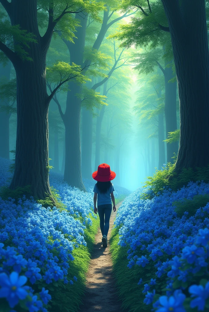 wearing a red cap walking in the middle of the forest full of blue flowers