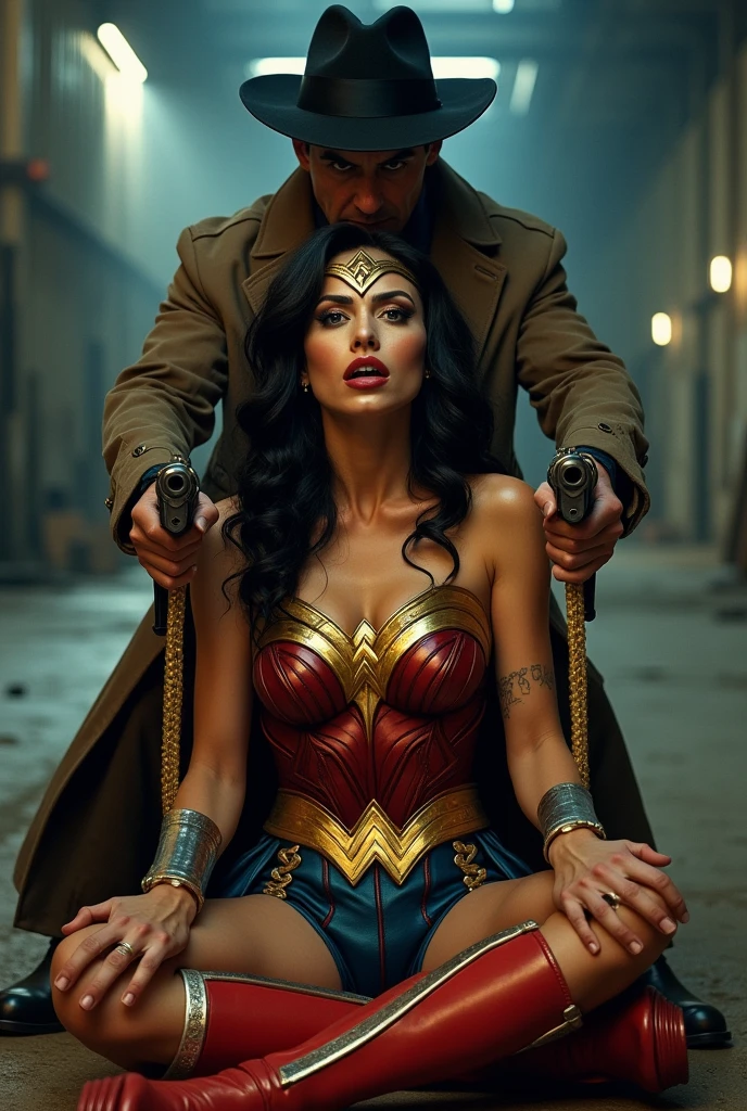 Wonder Woman is sitting on a wooden chair with her arms behind her back and her body is bind with glowing gold rope. A man in a fedora and trench coat stands with a pistol held against her head. Wonder Woman, (Intricate Details, Makeup), (Delicate and Beautiful Delicate Face, Delicate and Beautiful Delicate Eyes, Face with Perfect Proportions), (Realistically shiny Skin:0.8), Delicate Skin, Strong and Realistic Blue Eyes, Realistic Black Hair, Lips, Makeup, Natural Skin Texture, tiara, red and gold bustier, blue leotard with white stars, ((silver wrist bracelets:1.2)), ((Red knee high boots:1.2)) golden belt, (Wonder Woman clothing:1.1), bare shoulders, mature, sexy, elastic muscles, (muscles:1.2), ((strong and healthy body)), long legs, curves, (big breasts:1.3), thin waist, soft waist, (delicate skin), (beautiful and sexy woman), (swollen lips:0.9),(swollen lips:0.9), (eyelashes:1.2), (long wavy black hair:1.1), feminine, detailed body, (detailed face:1.1), perfect body, perfect anatomy, perfect details, perfect fingers, Perfect limbs, thigh gap, mature, sexy, thick thighs, wide buttocks. sweating, sweating_profusely. She is fear and in shock with open mouth. Mature. Wondar Woman movie poster with Logo. The location is empty warehouse. Sexy Pose. Very sexy. 