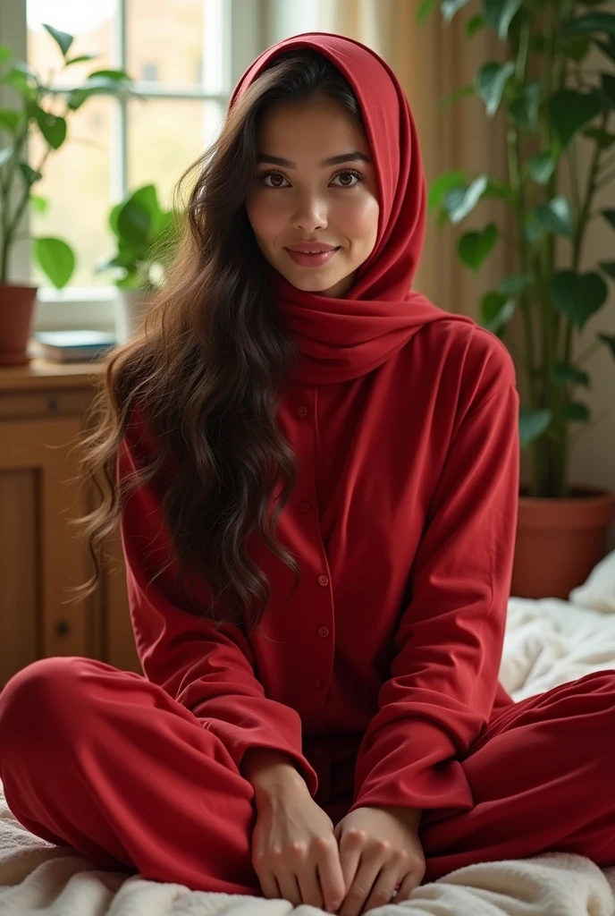 (photorealism:1.2), beautiful woman, face front, with hijab sitting on bed, red dress, pajama pants, long hair, indoors, soft lighting, plants in background, window with sunlight, cozy room, relaxed pose, realistic, intricate details, warm colors