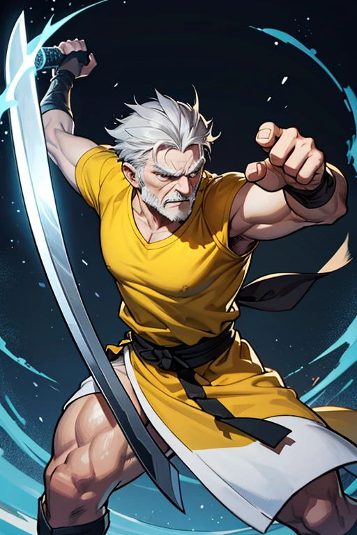 scrija a strong old man with gray hair fast and strong with a big long sword in his hand he fights with strength in a yellow shirt