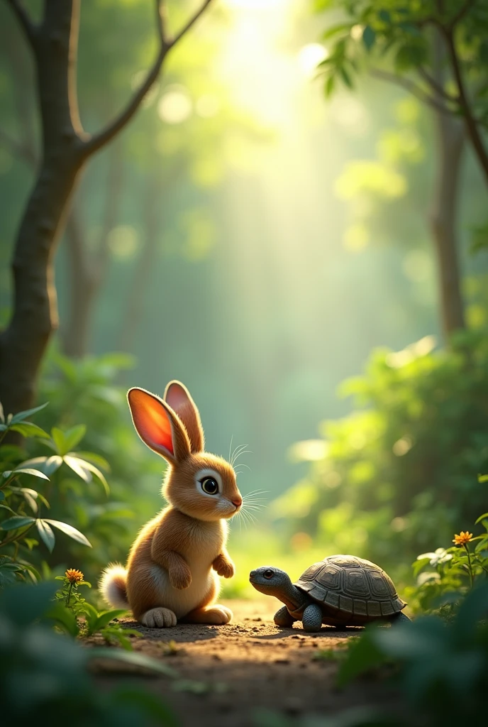 Scene 2: Rabbit Meets Tortoise"A small clearing in the jungle where the rabbit meets a slow-moving tortoise. The rabbit is standing on its hind legs, looking amused, while the tortoise looks calm and determined. The background shows dense trees and sunlight filtering through the leaves."