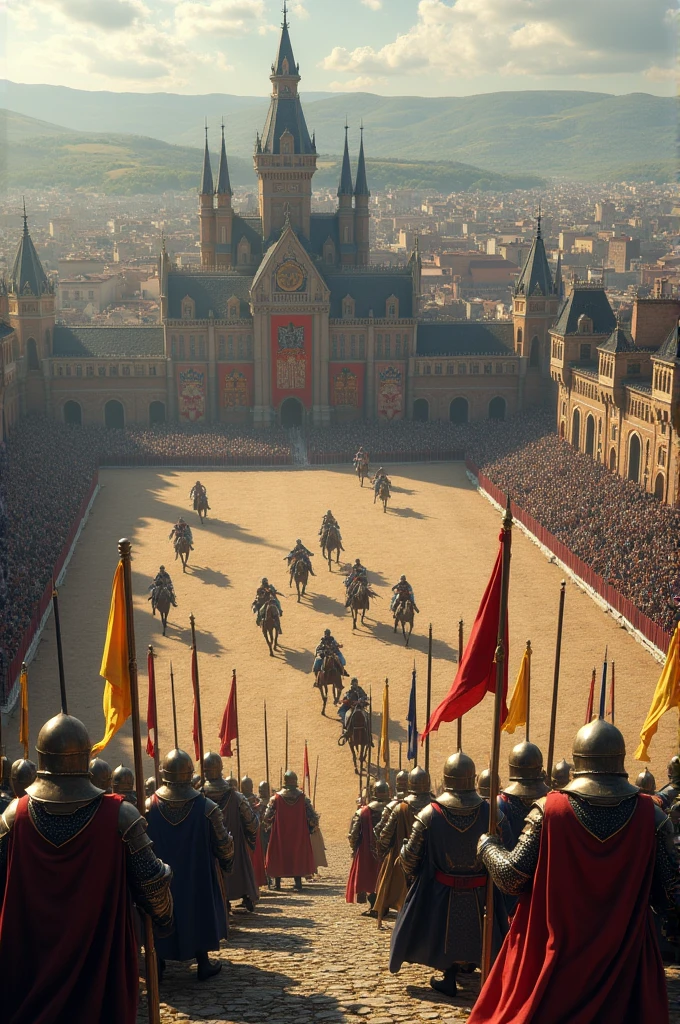 Hold a tournament seen from above with a medieval city in the background 