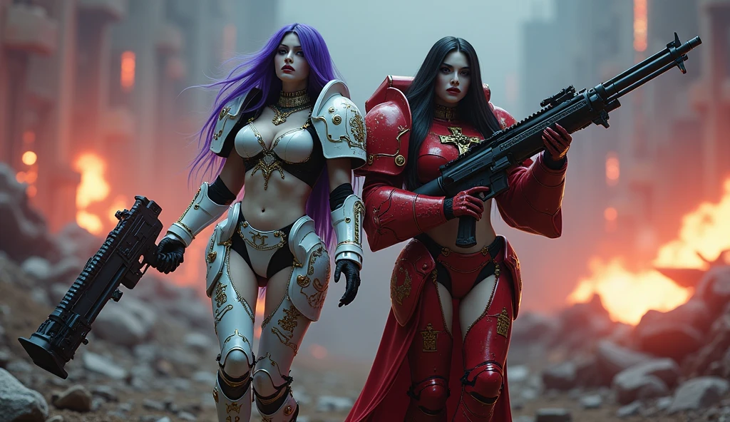 Full body pose sexy sisters of battle from the warhammer 40k, shooting at the enemy, white armor with intricate details, red armor with intricate details, religous symbols on the armor, sisters of battle, warhammer 40k, Massive silicone breast, pale skin, seductive, temptation, eat your soul, clevage, long flowing black hair with purple highlights, heavy gothic makeup, at night, neon, beautiful detailed eyes, beautiful detailed lips, extremely detailed eyes and face, long eyelashes, highly detailed armor, intricate futuristic weaponry, dramatic lighting, cinematic composition, muted color palette, gritty and realistic, mecha, science fiction, hyper-detailed, photorealistic, award winning digital art, 8k, HDR, masters work, in the middle of a battle field, full body combat action pose, explosions and fire around, full war, stunning, Stilleto heels, high heels, full body pose, cinematic, movie trailer, final stand!, nemesis, ready to strike, dust and debree, combat screams, attacking, shooting at the enemy, running forward, last line of defense, charging, fanatic, religious, templar knights, sisters of battle, warhammer 40k, shooting at the enemy, correctly holding the weapons, futuristic weapons