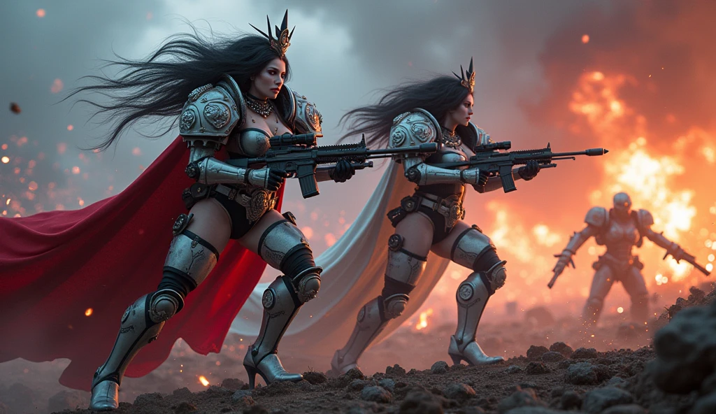 Full body pose sexy sisters of battle from the warhammer 40k, shooting at the enemy, white armor with intricate details, red armor with intricate details, religous symbols on the armor, sisters of battle, warhammer 40k, Massive silicone breast, pale skin, seductive, temptation, eat your soul, clevage, long flowing black hair with purple highlights, heavy gothic makeup, at night, neon, beautiful detailed eyes, beautiful detailed lips, extremely detailed eyes and face, long eyelashes, highly detailed armor, intricate futuristic weaponry, dramatic lighting, cinematic composition, muted color palette, gritty and realistic, mecha, science fiction, hyper-detailed, photorealistic, award winning digital art, 8k, HDR, masters work, in the middle of a battle field, full body combat action pose, explosions and fire around, full war, stunning, Stilleto heels, high heels, full body pose, cinematic, movie trailer, final stand!, nemesis, ready to strike, dust and debree, combat screams, attacking, shooting at the enemy, running forward, last line of defense, charging, fanatic, religious, templar knights, sisters of battle, warhammer 40k, shooting at the enemy, correctly holding the weapons, futuristic weapons