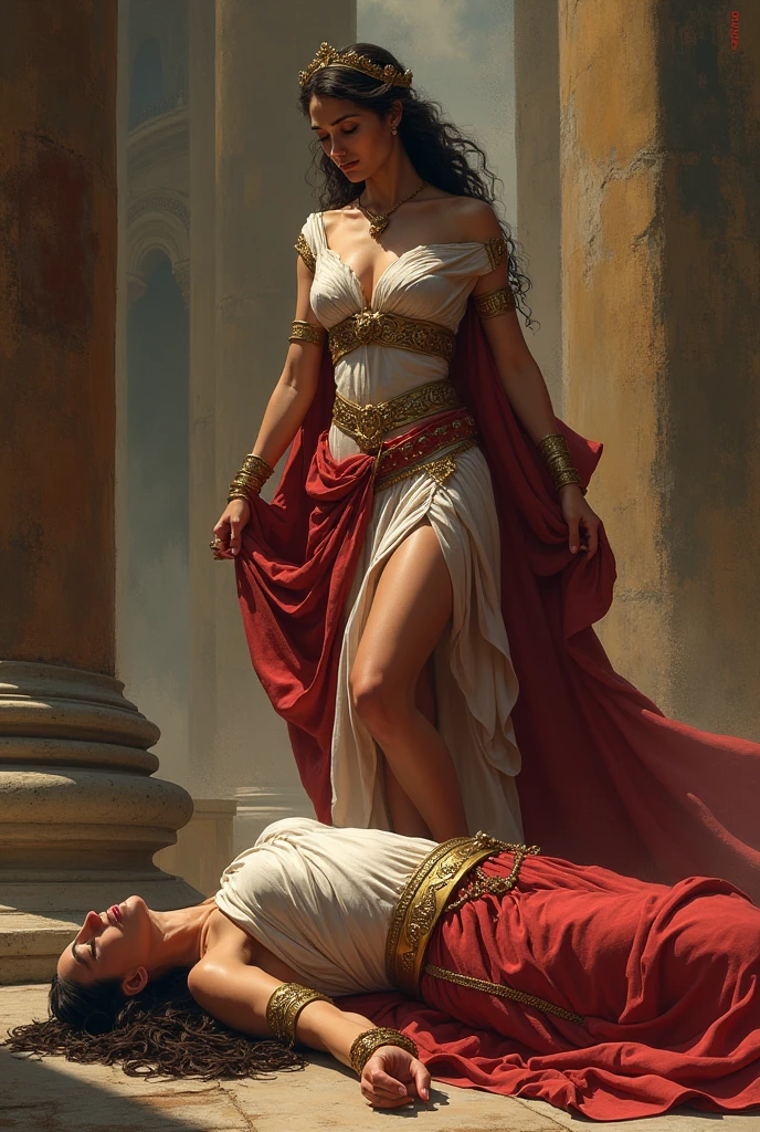 La reine romaine, sexy, victorieuse marche sur le visage de la guerrière gauloise, cheveux blonds, vaincue qui est allongée. Elles sont dans un palais romain majestueux