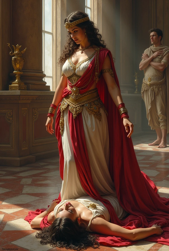 La reine romaine, sexy, victorieuse marche sur le visage de la reine gauloise vaincue qui est allongée. Elles sont dans un palais somptueux