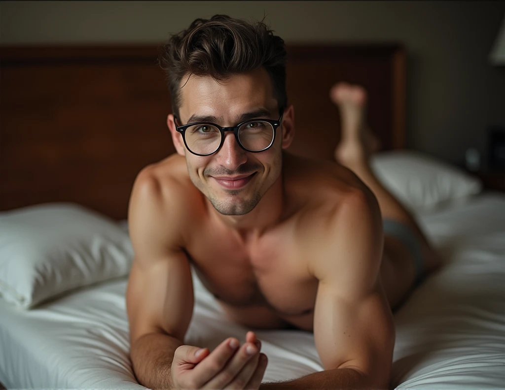 a thin white man, with marked abdomen, some body beauty, fleshy lips, wearing glasses, He is completely naked, lying in a bed, smiling and looking flirtatiously, You can see his penis and testicles, pubic hair.