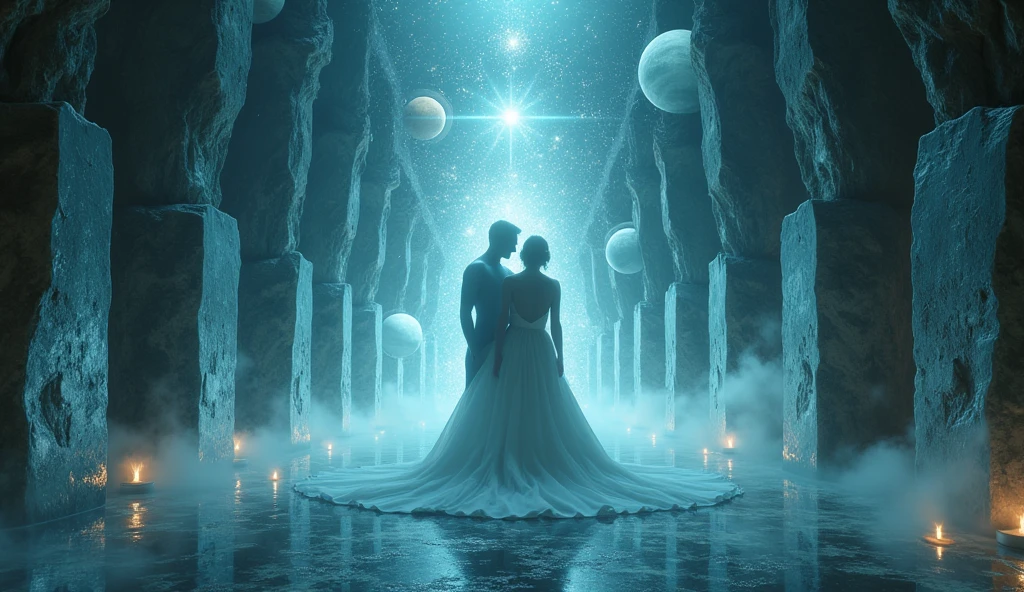 A captivating dark fantasy scene featuring a person with an ethereal aura, projecting their astral form behind another individual who remains in their physical body. Both figures emit harmonious energy, and together, they create a sense of love and warmth. The setting is a mesmerizing crystal room, surrounded by planets and adorned with intricate details. The artwork is cinematic in style, with a blend of light and shadow that adds depth and dimension encapsulates the conceptual essence of this enchanting encounter., cinematic, conceptual art, dark fantasy