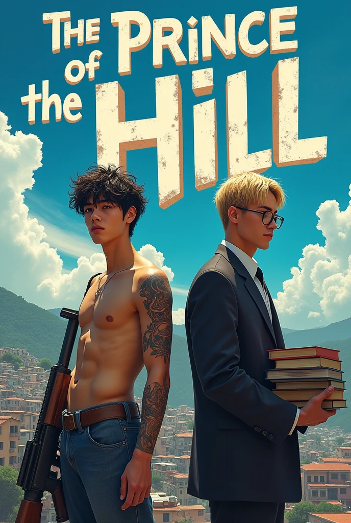 A fanfic cover with a blue sky, Rocinha favela in the background, a little in front of the cover, jungkook with his tattoos and piercing with a rifle in his left hand and being shirtless. On the right side of the cover, Jimin with glasses, blonde hair and books in hand, wearing a green shirt, behind him his father in a suit. Add the name of the fanfic to the cover in 3D format " the prince of the hill" on the characters' faces put the face of BTS's Jungkook on the tattooed one and on the blond one Jimin's face. It's not their faces yet.