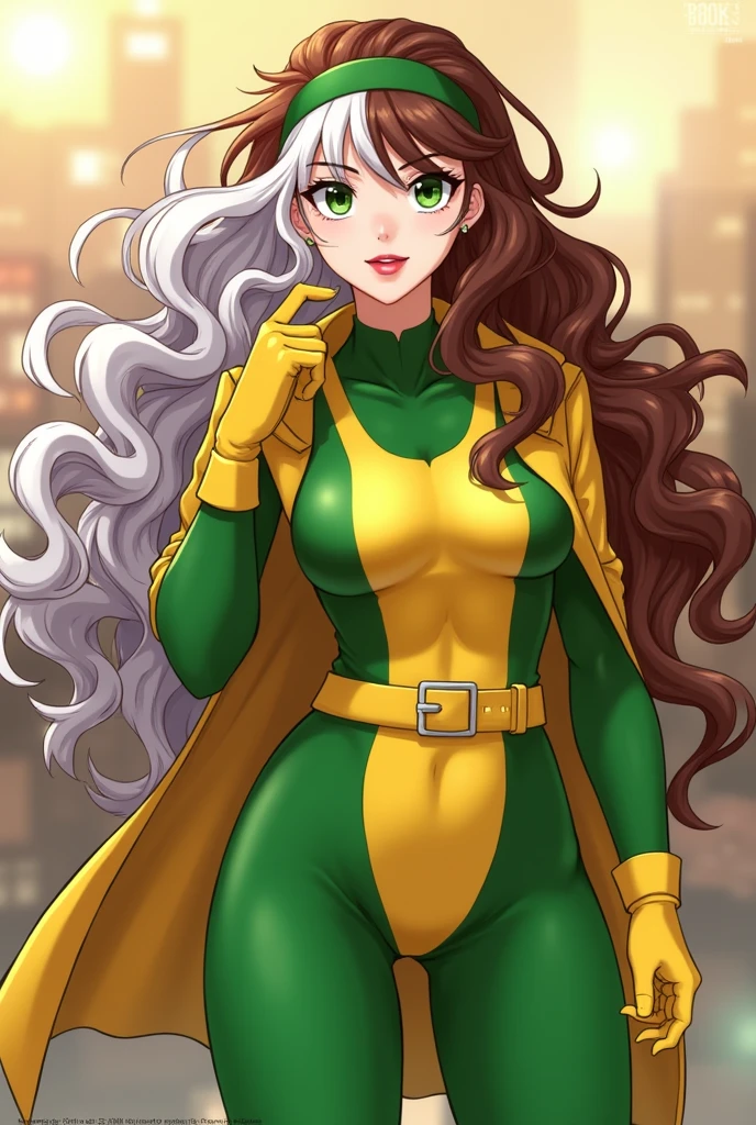 CARTOON_X_MENs_Rogue,ownwaifu, long hair,breasts,brown hair,green eyes,lipstick,makeup,lips,white hair,two-tone hair,headband,wavy hair,large breasts,messy hair,curly hair,big_hair, yellow bodysuit,jacket,gloves,belt,yellow gloves,green bodysuit,bodysuit,multicolored bodysuit,superhero, skin tight,multicolored clothes, 1girl, solo, looking at viewer,straight-on, jumping in action scene, cinematic ligthning, official art, highres, scenary, (masterpiece:1.1), (best quality,:1.1), (high quality:1.1), (anime screencap:1.2), cameltoe, (very tigth clothes detailing breasts niples and shaved pussy):2, full body perspective view.