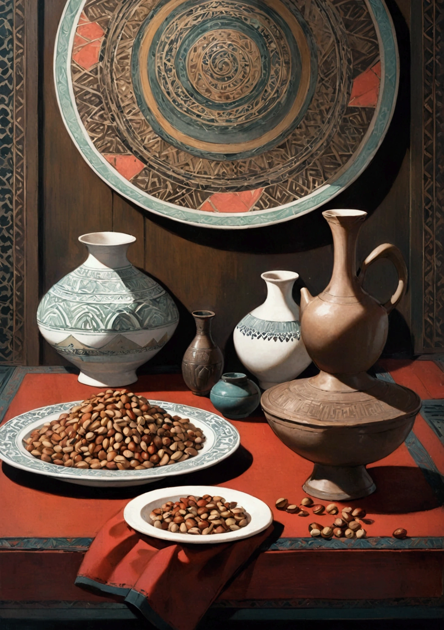 The image portrays an antique-style still life arrangement on a table, which includes various objects that suggest a historical or cultural setting. In the foreground, there is a small bowl filled with what appears to be nuts or seeds, and a larger vase with intricate patterns, possibly made of clay or ceramic material. Behind these items, partially obscured by a red cloth, are two plates with inscriptions in an unfamiliar script, suggesting they might be from a non-Latin alphabet. The background features a dark wooden panel with a geometric pattern that could be indicative of traditional Middle Eastern or North African design. The overall color palette is warm and earthy, enhancing the vintage feel of the artwork.