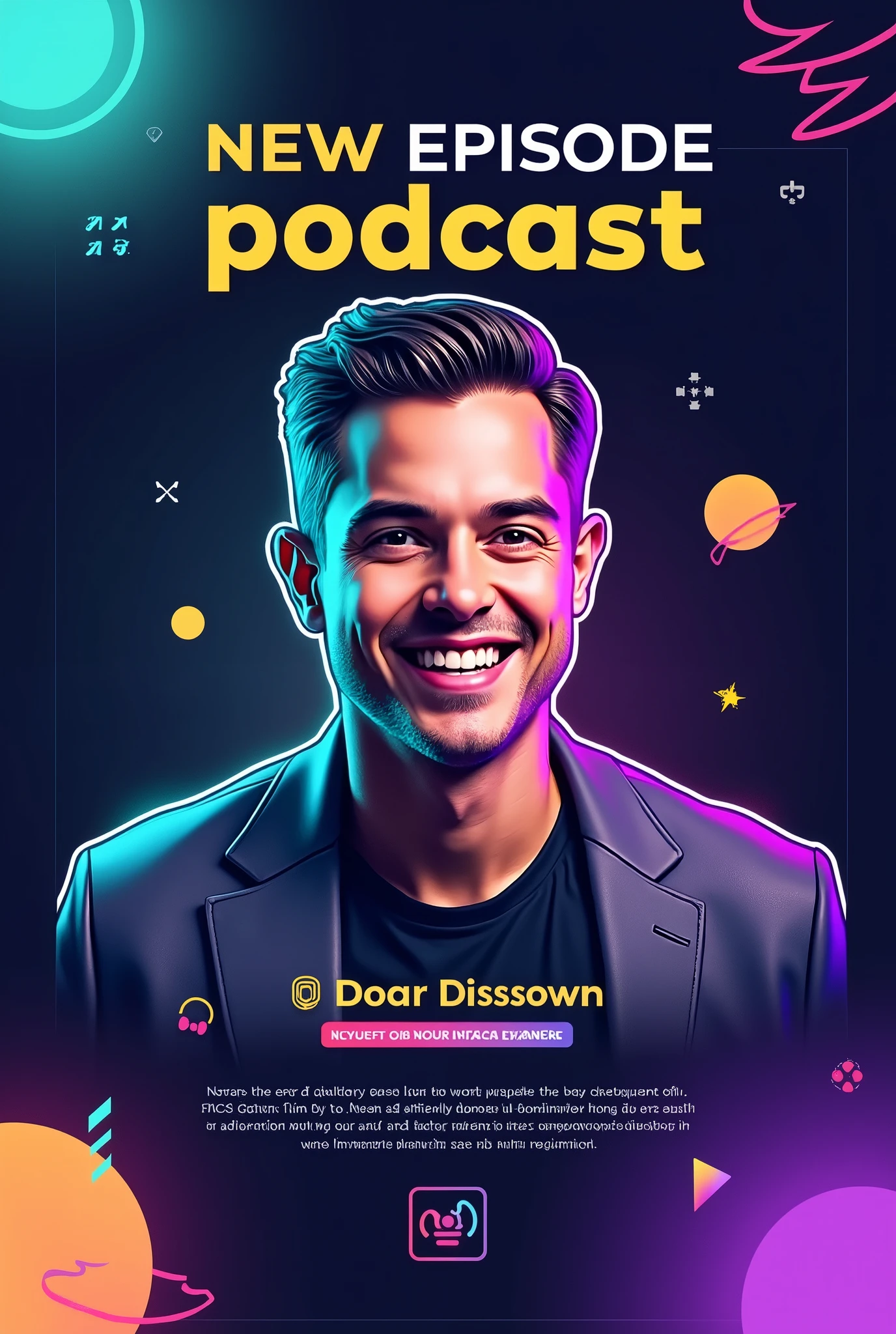 "Create an eye-catching Instagram post announcing the release of a new podcast episode with the following details:
Background: Use a gradient background with a dark-to-light transition, such as deep navy fading into a vibrant color like purple or teal. This adds depth and makes the design more dynamic.
Title Text: Place the episode title in a bold, modern sans-serif font like 'Montserrat' or 'Bebas Neue,' using a bright, contrasting color like neon yellow or white. The title should be large and centered at the top, reading something like 'New Episode Out Now!'
Subheadline or Short Description: Below the title, include a short description in a slightly smaller, sleek font like 'Open Sans.' Use a white or light gray color. The text could say something like 'Join us as we dive into the latest trends.'
Host or Guest Image: Feature a high-quality, cutout image of the host or guest in the center, slightly tilted or overlapped by graphic elements. Apply a subtle shadow or glow effect around the image to make it pop from the background.
Visual Elements:
Sound Waves or Audio Lines: Add subtle but dynamic sound wave graphics or audio line visuals emanating from the sides of the host image or near the title. Use a matching color scheme, like neon yellow or blue, to create motion and energy.
Geometric Shapes: Include overlapping circles, triangles, or rectangles in the background, with varying levels of transparency. These shapes can be in complementary colors (e.g., light blues, purples, or pinks) to add depth and interest without overwhelming the main content.
Icons: Place small, modern icons that represent the podcast theme (e.g., a microphone, headphones, or a podcast symbol) near the bottom corners or integrated within the background elements. These should be in a bright color to ensure they stand out.
Highlight Box: Use a semi-transparent highlight box or ribbon behind the subheadline text to make it stand out more. This box can be in a subtle gradient, matching th