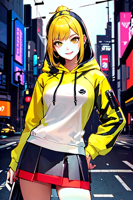 ((masterpiece)), (((best quality))), chromatic lighting,
colorized, yellow + black limited color palette,
detailed concept drawing,
Shibuya street girl, cyberpunk, futuristic, posing,
portrait, 20yo 1girl, medium soft breasts, slender, hoodie, skirt, yellow hair, yellow eyes, smiling
