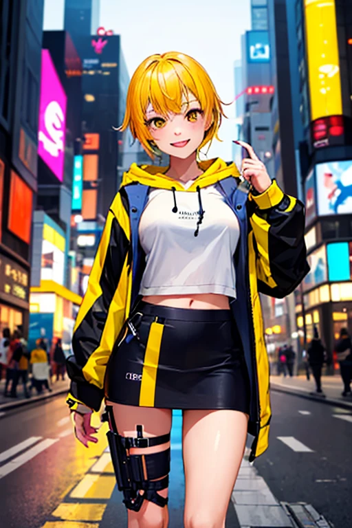 ((masterpiece)), (((best quality))), chromatic lighting,
colorized, yellow + black limited color palette, 
detailed concept drawing,
Shibuya street girl, cyberpunk, futuristic, posing,
portrait, 20yo 1girl, medium soft breasts, slender, hoodie, skirt, yellow hair, yellow eyes, smiling