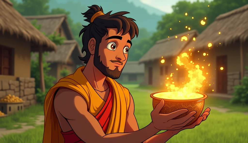 In cinematic 2d cartoon style indian
In a small village, a poor farmer named Ramoo discovers a mysterious, ancient pot in his field. The pot, adorned with intricate patterns, turns out to be magical. When Ramoo and his wife place anything inside it, the pot magically duplicates the item. Initially thrilled with the pot’s power, Ramoo and his family use it to fulfill their every need, amassing wealth and luxury.
However, as their greed grows, so does their downfall. Ramoo’s insatiable desire leads him to make a dangerous wish—one that brings unexpected consequences. When Ramoo’s greed overwhelms him, the pot’s magic spirals out of control, resulting in a series of dramatic events that change their lives forever glowing ghada coin on hand and focus man eye face reaction