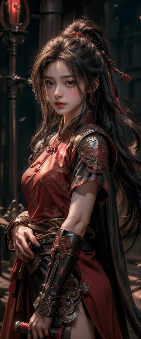 ((Masterpiece, Top Quality, High Resolution, Photorealistic, Raw, 8K wallpaper)), A female swordsman in Chinese clothes, Hero of the Three Kingdoms, (A large sword is held in both hands), She has long black hair tied back, wears iron armor and a red cape, Surrounded by enemy soldiers in the background,