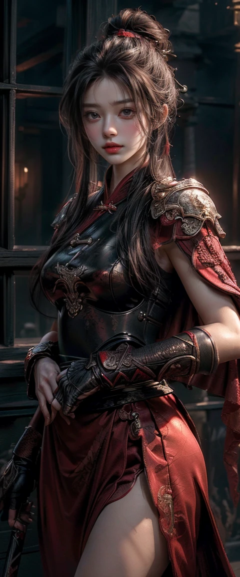 ((Masterpiece, Top Quality, High Resolution, Photorealistic, Raw, 8K wallpaper)), A female swordsman in Chinese clothes, Hero of the Three Kingdoms, (A large sword is held in both hands), She has long black hair tied back, wears iron armor and a red cape, Surrounded by enemy soldiers in the background,