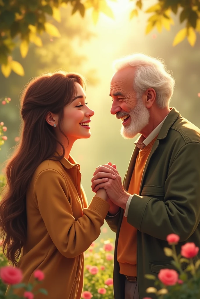 Image of Clara and elderly Leo laughing hand in hand
