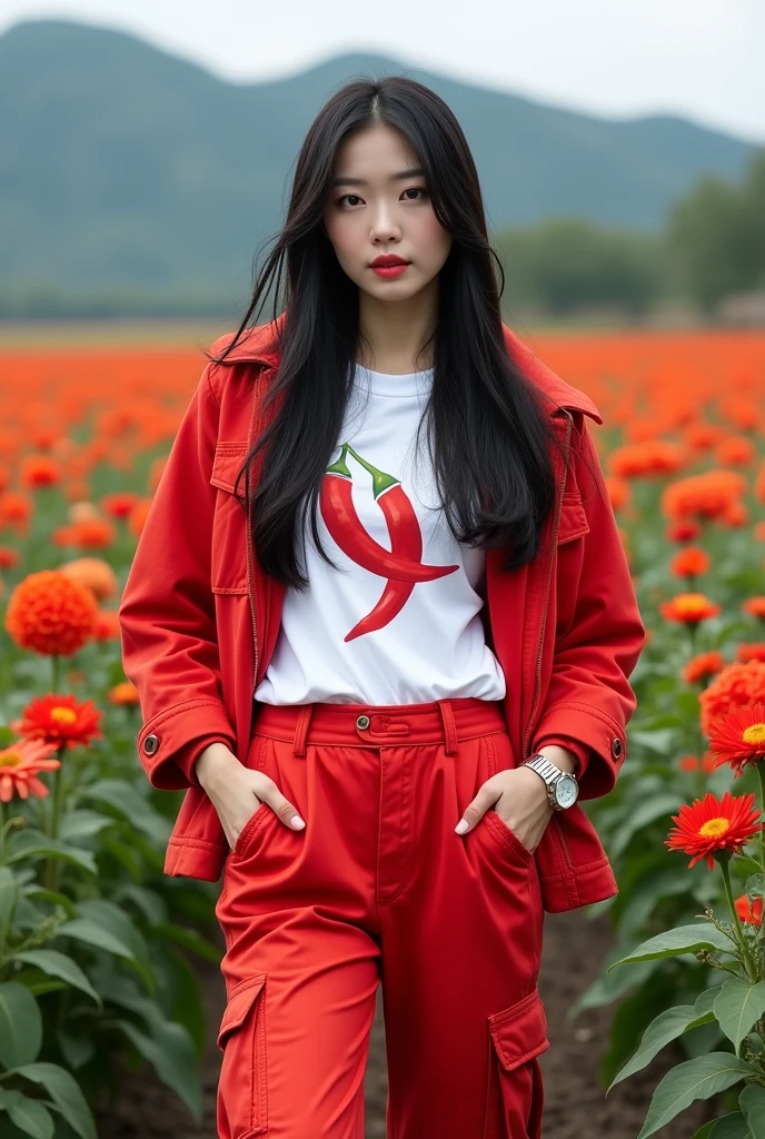 Beautiful Korean girl, smooth white skin, well-groomed face, long straight black hair, posing in a very fertile and beautiful chili field, red jacket, white t-shirt with chili pattern, Santi logo, cool watch, knee-length cargo pants, white shoes, mountain background and beautiful flowers, real photos, realistic