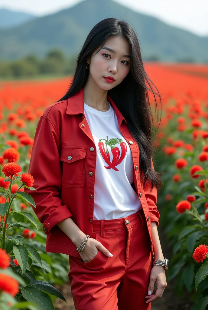 Beautiful Korean girl, smooth white skin, well-groomed face, long straight black hair, posing in a very fertile and beautiful chili field, red jacket, white t-shirt with chili pattern, Santi logo, cool watch, knee-length cargo pants, white shoes, mountain background and beautiful flowers, real photos, realistic