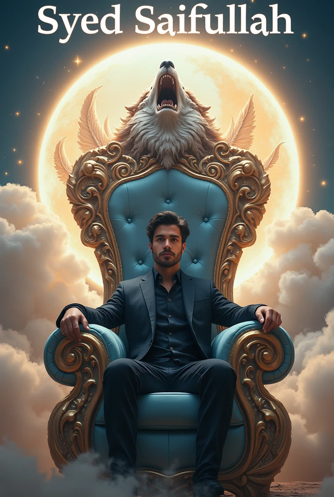 Generate a more powerful and majestic chair, like an angel's throne.
a grand, ornate chair with a open mouth black grey dangerous wolf's head, clouds, and halos. The chair is adorned with shimmering gold and silver accents, and its seat is made of the finest velvet. The back of the chair rises like a crescent moon,with delicate feathers etched into its surface. The chair seems to glow with a soft, ethereal light, as if it's been kissed by the divine.and upper of the chair write big white font name SYED SAIFULLAH
The cute boy 2,SYED SAIFULLAH, sits regally in this magnificent chair, his all-black suit a striking contrast to the chair's celestial beauty. His eyes shine bright, and his smile radiates confidence and charm.