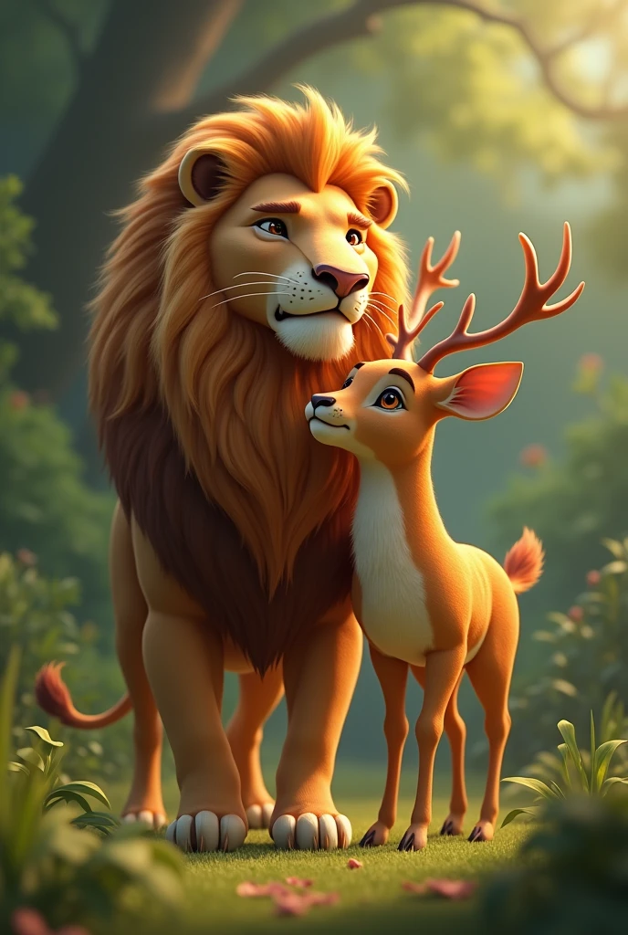 A lion having friendship with a deer a realistic one not cartoonish type but realistic  
