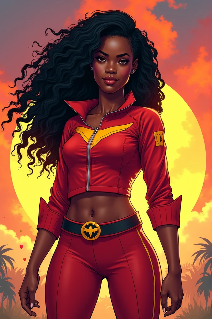 Long curly beautiful Kenyan woman. Hero outfit color Red. She wears a jacket but as heroic outfit. Hands logo