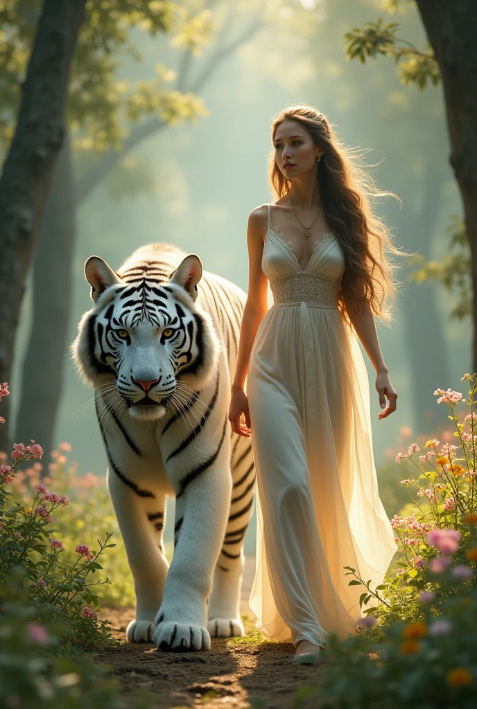 Beautiful girl and white tiger in walk