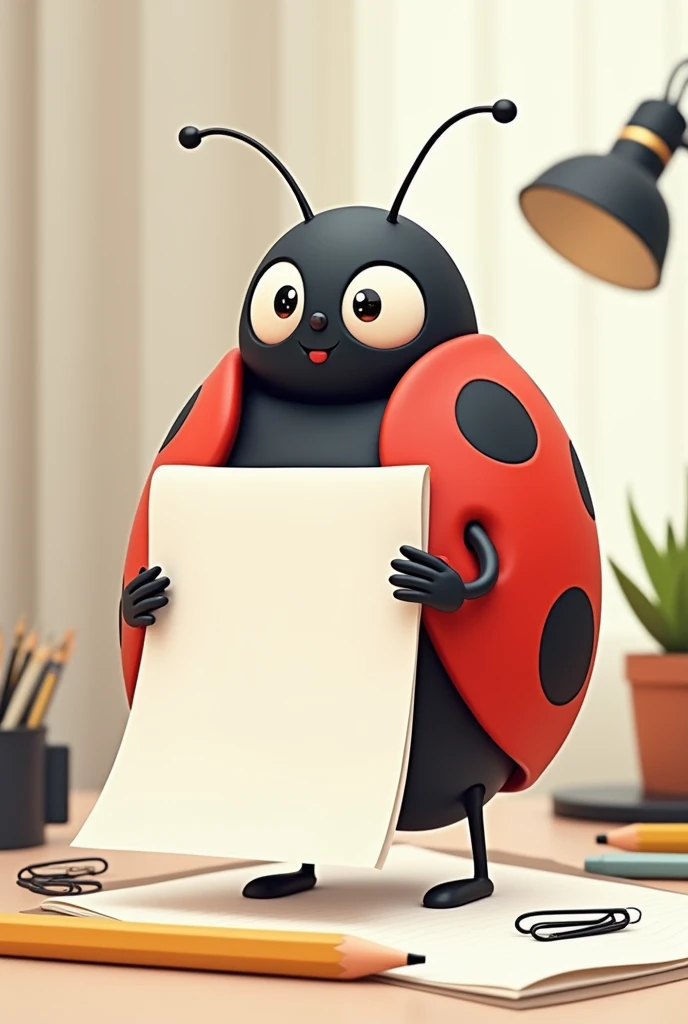 A stylized ladybug holding a piece of paper and interacting with stationery elements 