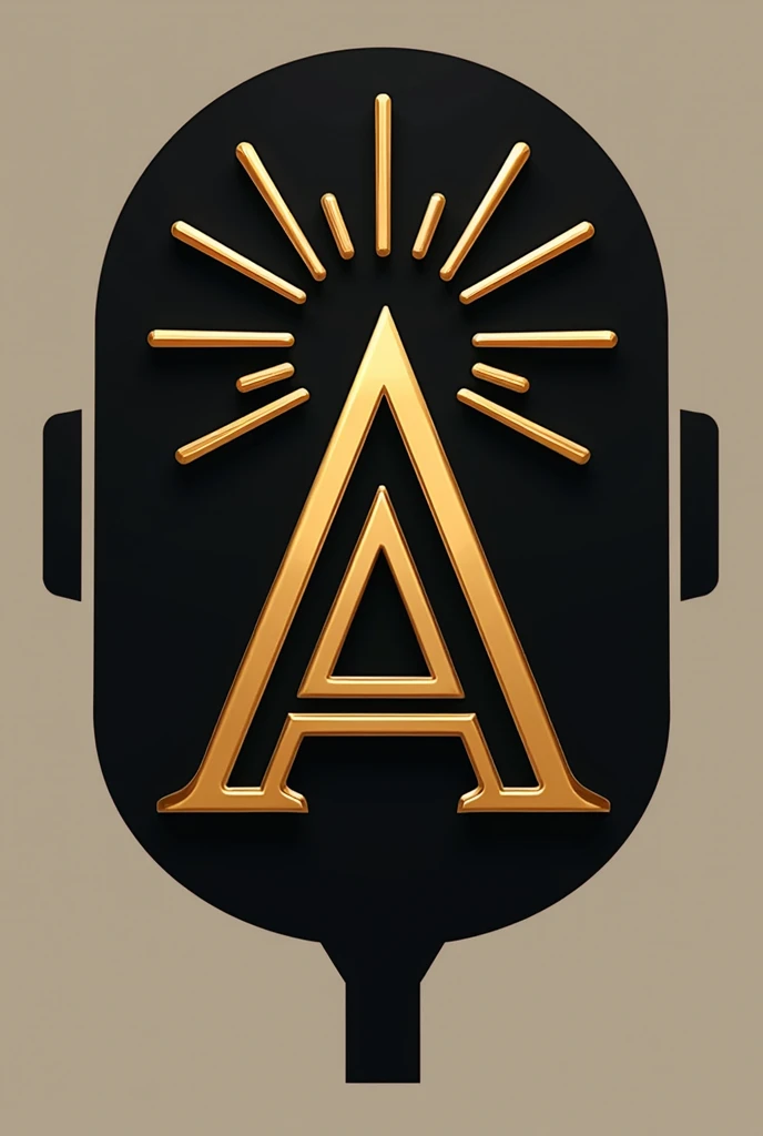 radio logo, Main elements: radial microphone and Letter A of Alpha, golden colors, black and white, Simple
