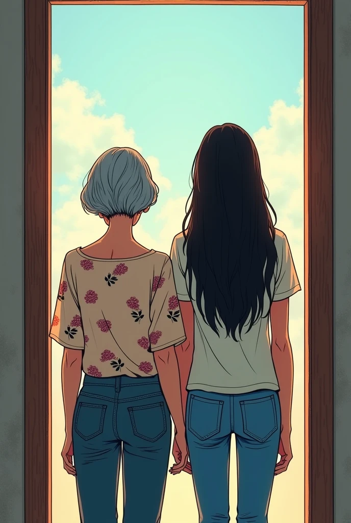 An older woman in a blouse next to a younger woman with long hair and jeans, both standing in front of an open door. back view. manga style.