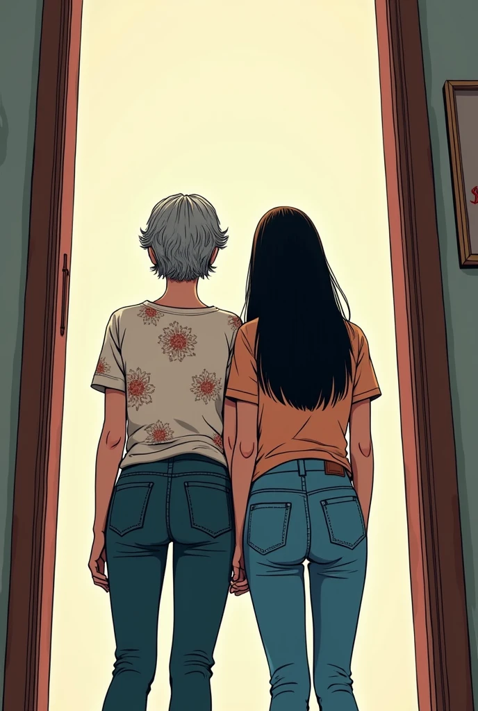 An older woman in a blouse next to a younger woman with long hair and jeans, both standing in front of an open door. back view. manga style.