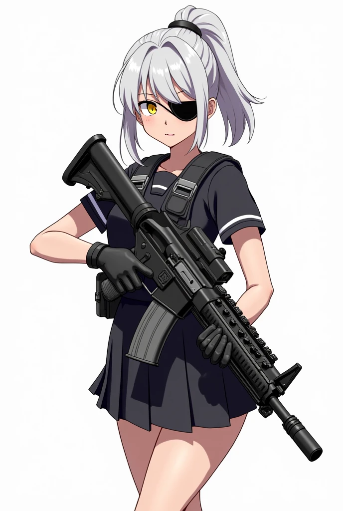 Medium height White short ponytail anime girl Determine yellow eye color with black eye patch wearing black school uniform, short skirt, tactical black gloves,vest armor, while holding a futurist Light machine gun . Manga art style. White background