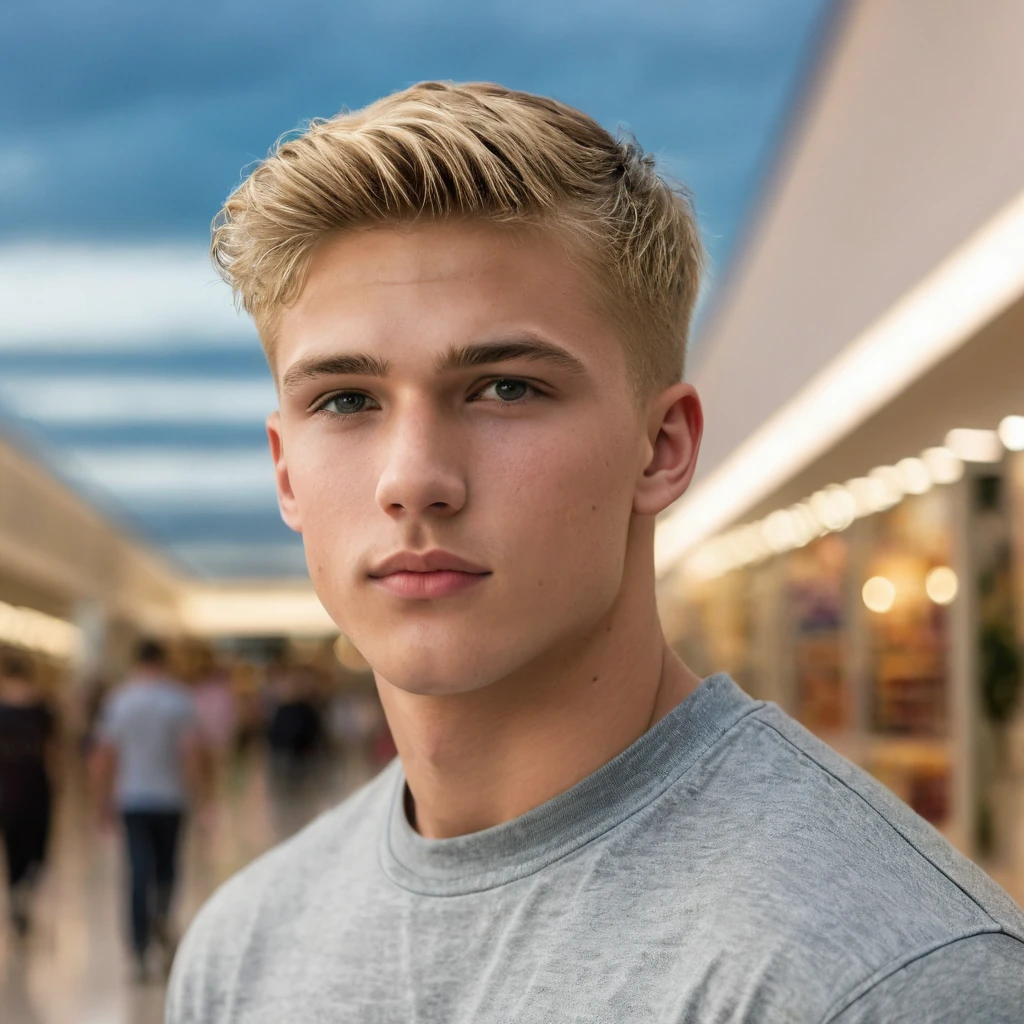 (Hendrik Giesler) photography, Young male perfection, 18 ans, strong jawline, no cleft chin, full lips, Roman nose, short blonde hair, hazel eyes, hyper-realistic, 8k --v 4, best quality, ((wearing casual clothes)), gorgeous, posing in a mall clothing store, 1 man, blur background, beautifully detailed sky, (dynamic pose:1), soft lighting, wind 