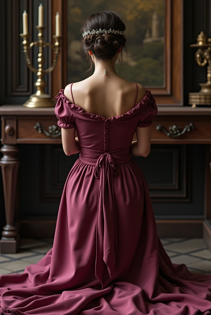 Victorian woman from behind, wearing dark pink dress, on your knees praying with your back turned, in front of you a wooden shelf with Jewish symbols and a candlestick.