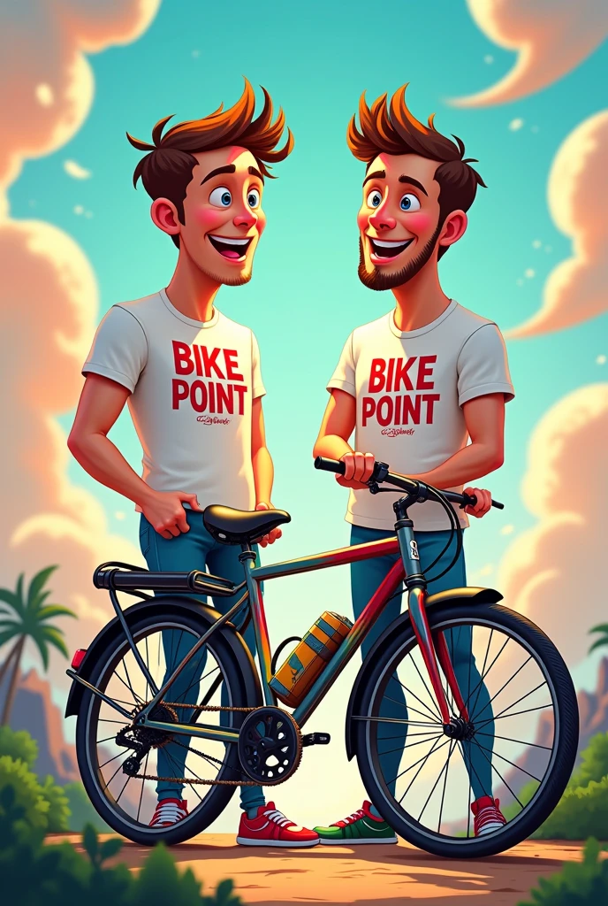 Two mens with a t Shirt written skcf bike point in a splendour bike cartoonised image