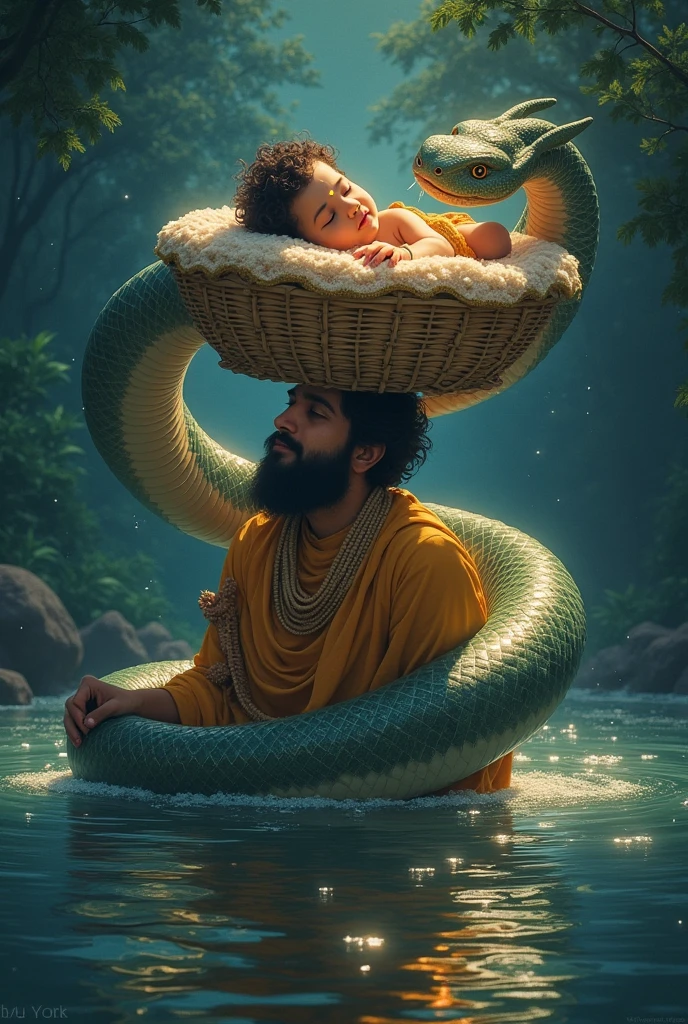 Imagine krishna in busket on basudeb head crossing jamuna river surrounding by basuki snake hood.