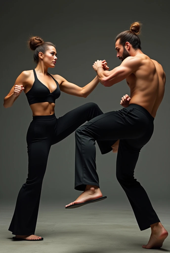 Beautiful woman,brown bun hairs, wearing black shining boot-cut pants, wearing black shining underwear, wearing black home sandals,woman fighting against man, Woman fighting, woman winning the fight, woman kicking man , Woman kicking