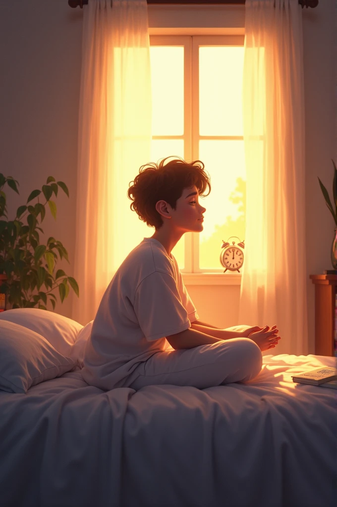 A calm morning scene with soft sunlight shining through a window,
showing someone waking up early, with an alarm clock nearby. The person is
stretching, ready to start the day with purpose.