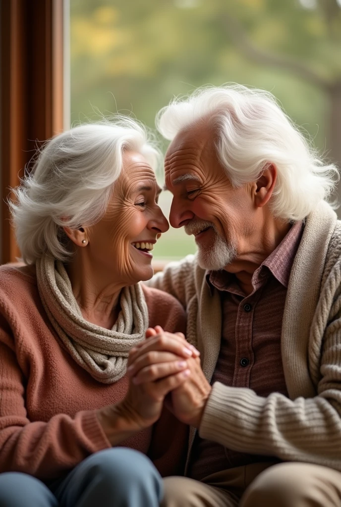 Image of Clara and Leo, both elderly, white haired, laughing, holding hands