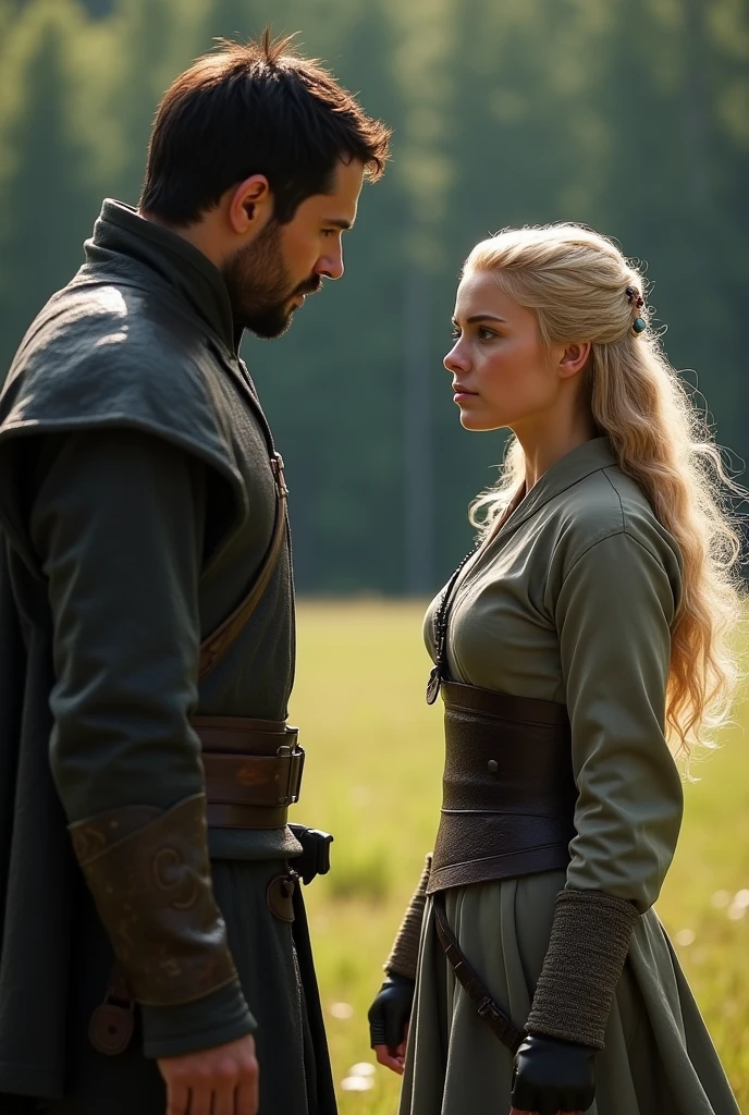 A woman young, blonde hair golden colored strands, 20 year, dressed in Sansa Stark style, fighting a 30 year old man, Cao Cao, taller than the young woman, e stark, brawny, short black hair, stark, Jhon snow style, 

They are in an open field surrounded by forest.
He is explaining to her how to take it down.