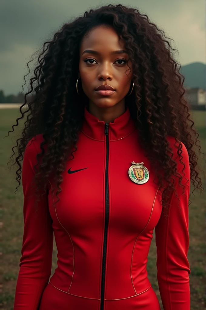 Long curly beautiful teen Kenyan woman. Hero outfit color Red. She wears a jacket but as heroic outfit. Hands logo on her outfit. Realistic 