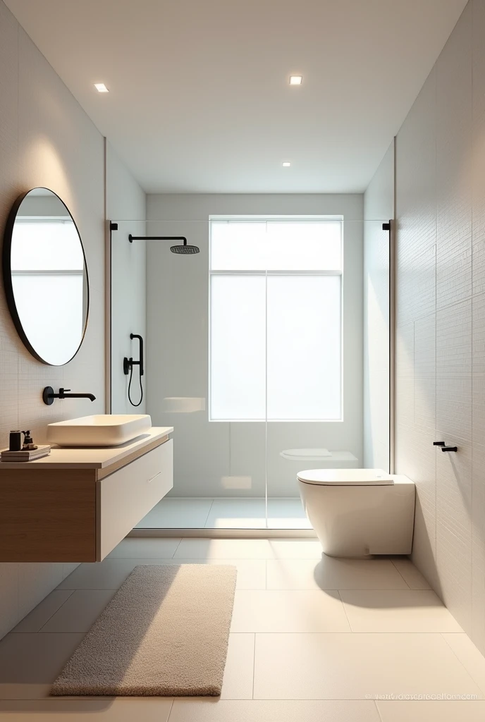 The bathroom exudes a serene elegance with its light beige tile flooring and crisp white tiled walls. A spacious walk-in shower, enclosed in clear glass, features modern fixtures and ample room. A stylish wash basin sits outside the shower area, complemented by a sleek circular mirror hanging above it. In the far corner, a neatly covered toilet seat is subtly integrated into the room. A soft rug adds a touch of comfort and warmth to the otherwise polished space.