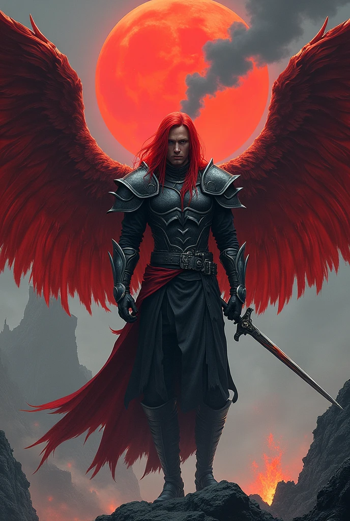 Male warrior angel with matte dark gray armor clothes and red wings and long straight red hair, very apocalyptic rock background, and red moon next to a volcano in Japanese manga style, young, very masculine, not very strong face with metallic gray sword
