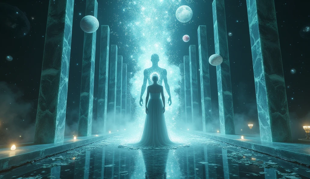 A captivating dark fantasy scene featuring a person with an ethereal aura, projecting their astral form behind another individual who remains in their physical body. Both figures emit harmonious energy, and together, they create a sense of love and warmth. The setting is a mesmerizing crystal room, surrounded by planets and adorned with intricate details. The artwork is cinematic in style, with a blend of light and shadow that adds depth and dimension encapsulates the conceptual essence of this enchanting encounter., cinematic, conceptual art, dark fantasy
