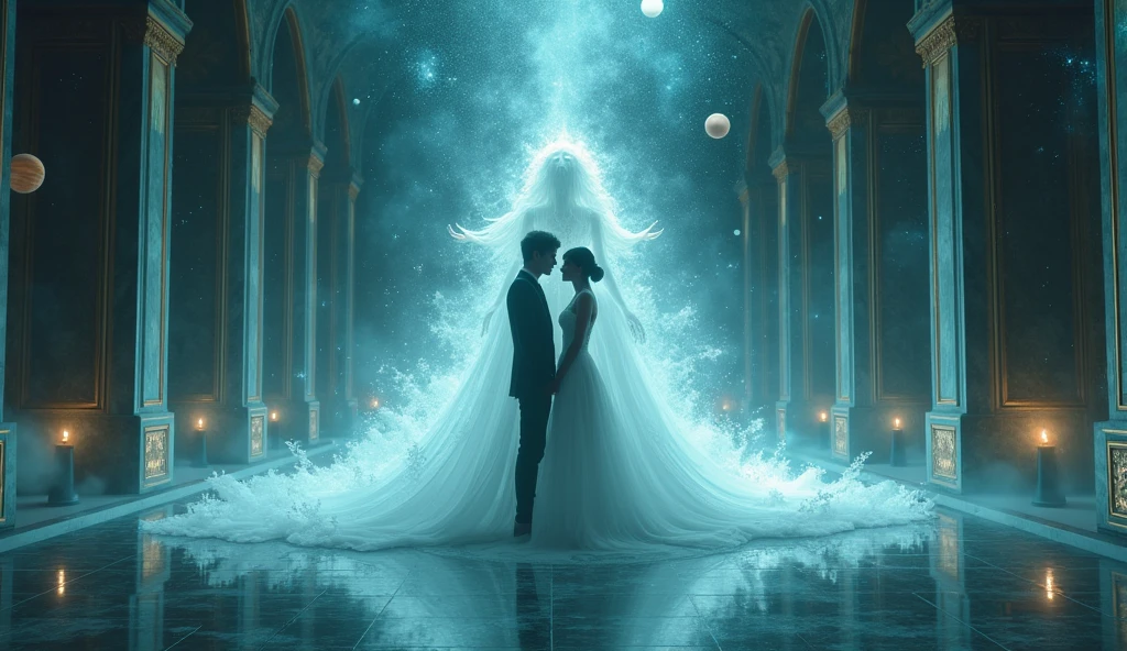 A captivating dark fantasy scene featuring a person with an ethereal aura, projecting their astral form behind another individual who remains in their physical body. Both figures emit harmonious energy, and together, they create a sense of love and warmth. The setting is a mesmerizing crystal room, surrounded by planets and adorned with intricate details. The artwork is cinematic in style, with a blend of light and shadow that adds depth and dimension encapsulates the conceptual essence of this enchanting encounter., cinematic, conceptual art, dark fantasy