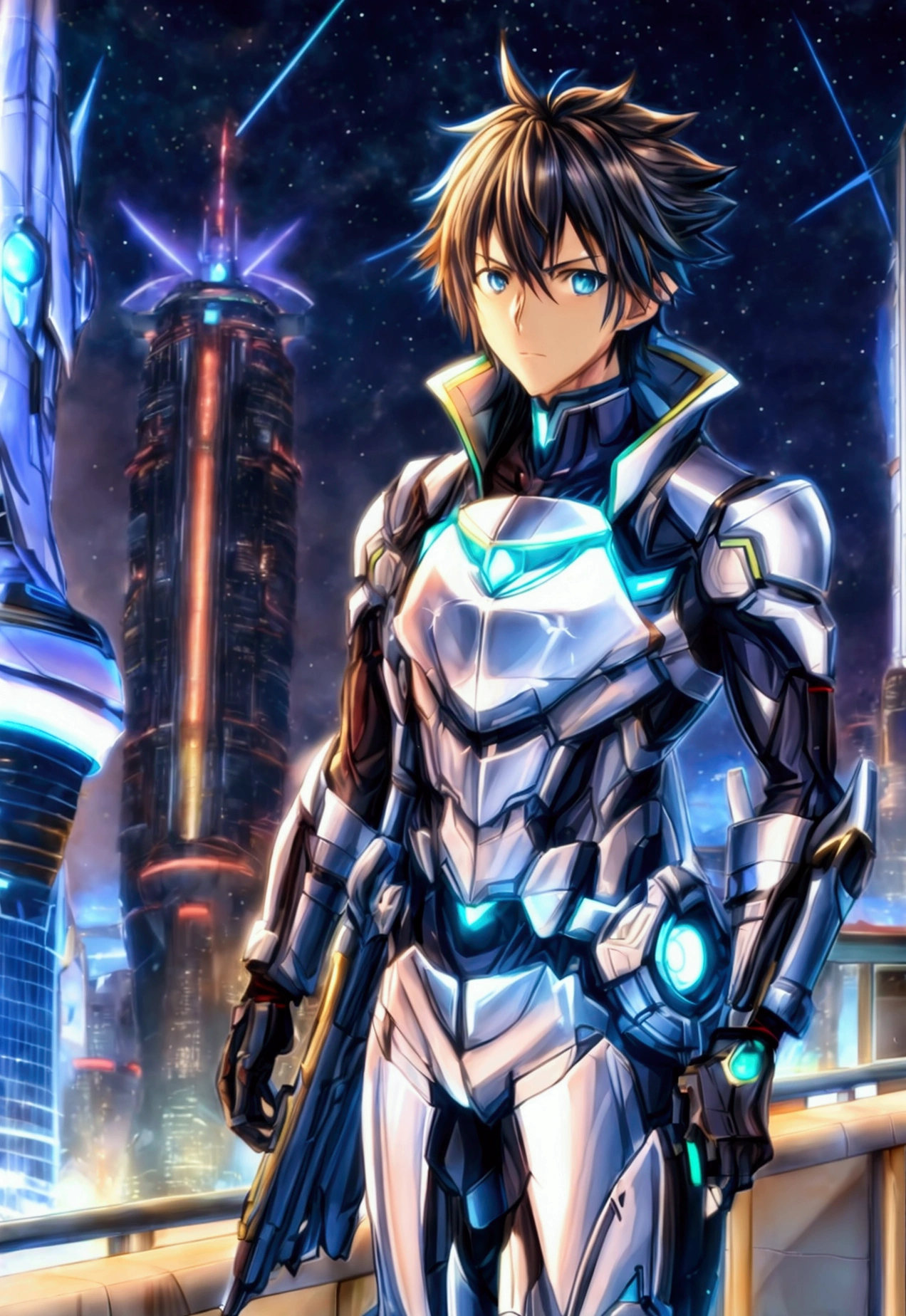 anime character in a futuristic city with a futuristic skyline in the background, Makoto Shinkai ( legends of the apex ), young animated, Kirito, male anime character, modern science fiction anime, Makoto Shinkai and bioware, anime boy alto con ojos azules, 4K anime style, handsome anime man, anime boy, science fiction anime, science fiction anime